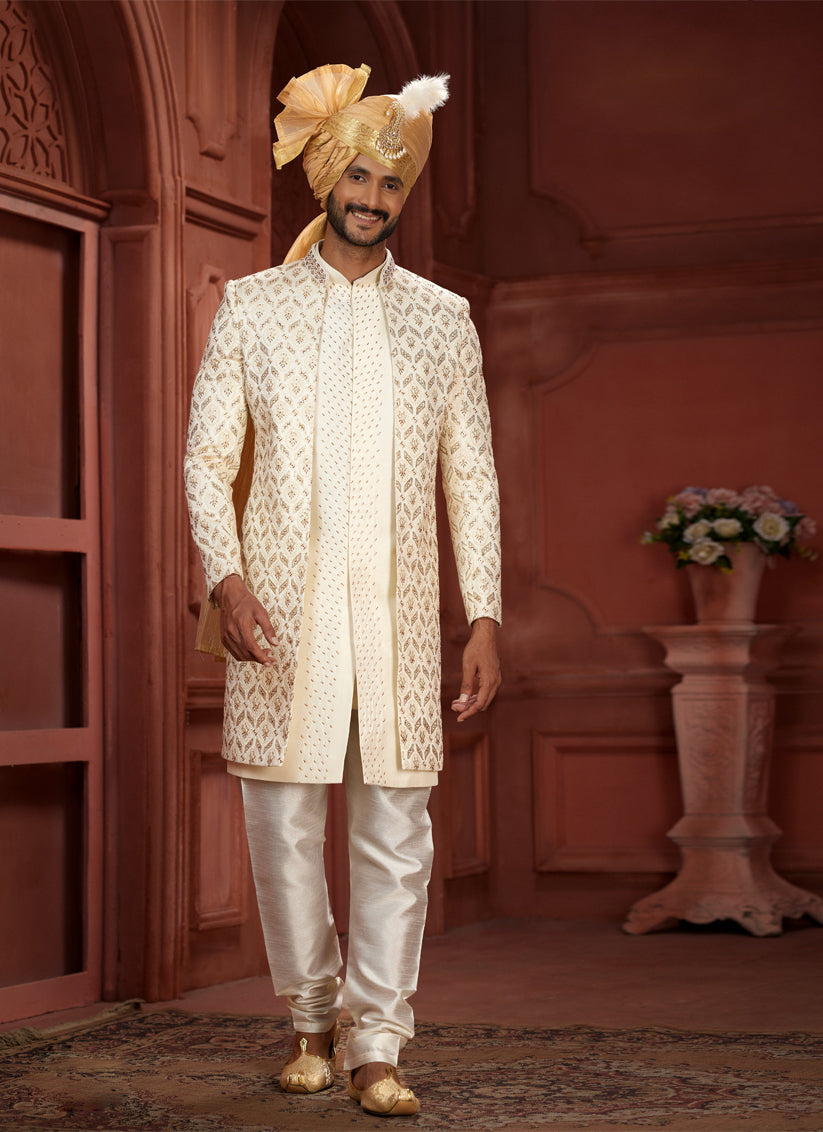 Cream Pure Silk Designer Wedding Sherwani