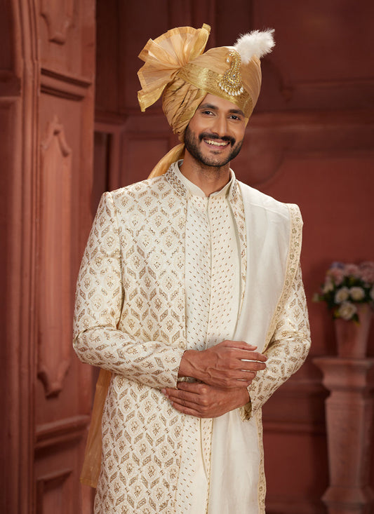 Cream Pure Silk Designer Wedding Sherwani