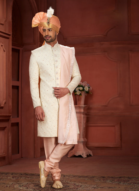 Cream Pure Silk Designer Wedding Sherwani