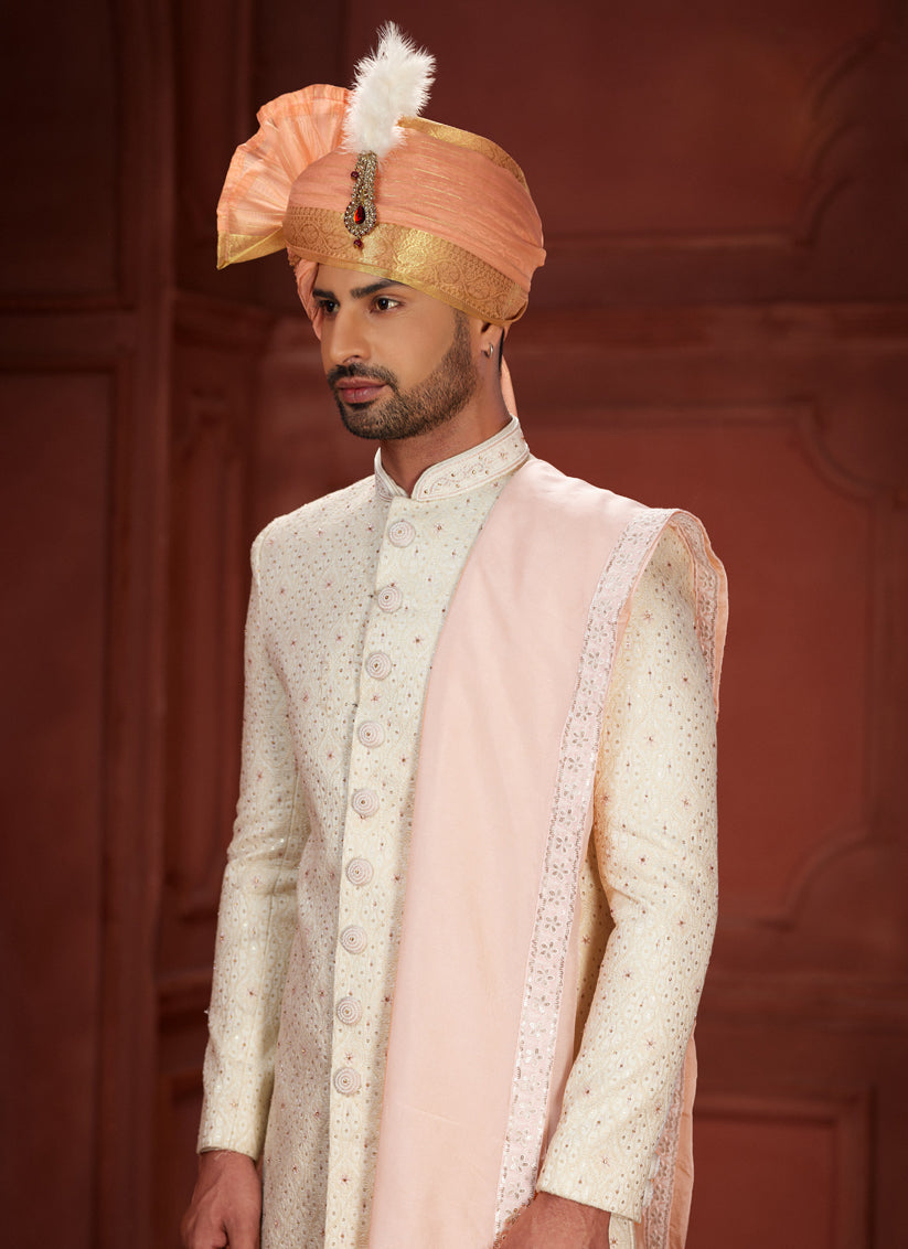 Cream Pure Silk Designer Wedding Sherwani