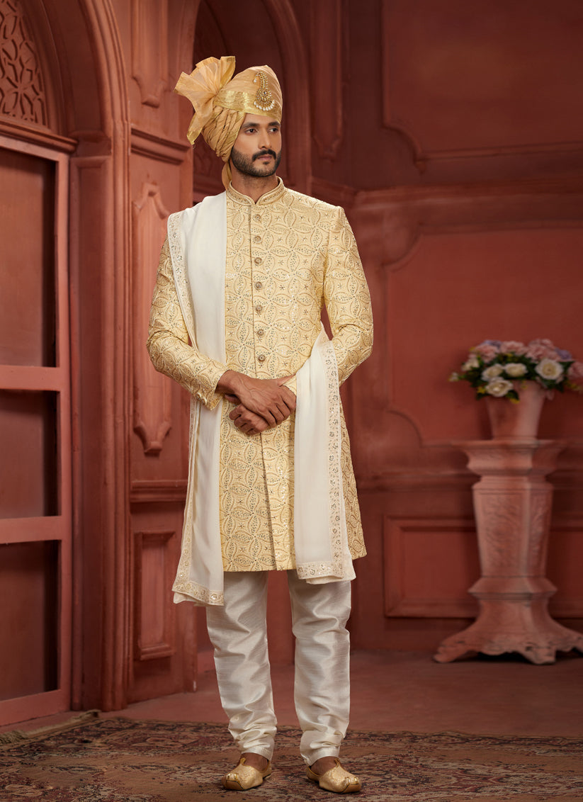 Cream Pure Silk Designer Wedding Sherwani