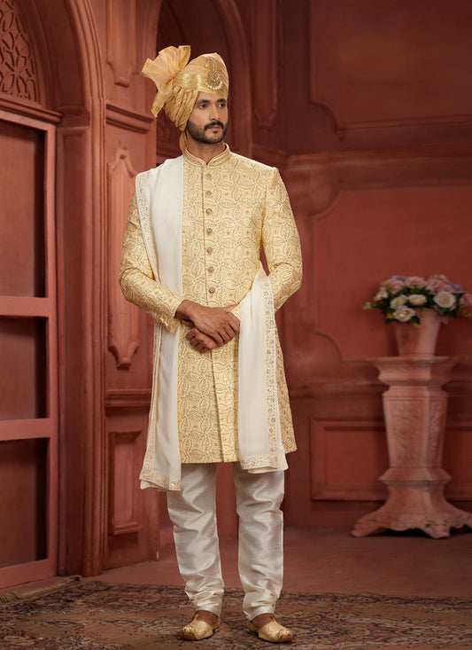 Cream Pure Silk Designer Wedding Sherwani