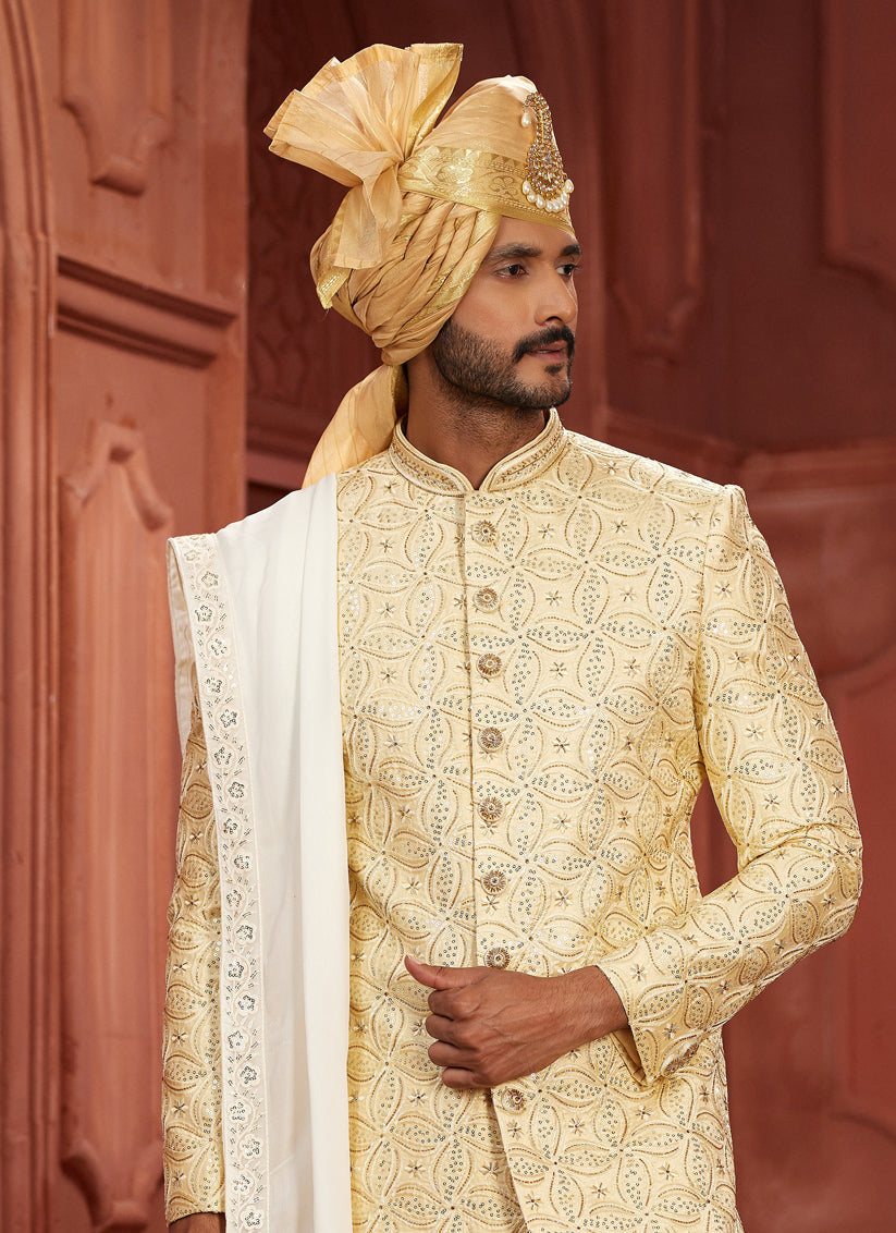 Cream Pure Silk Designer Wedding Sherwani