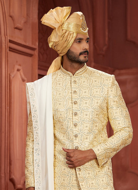 Cream Pure Silk Designer Wedding Sherwani