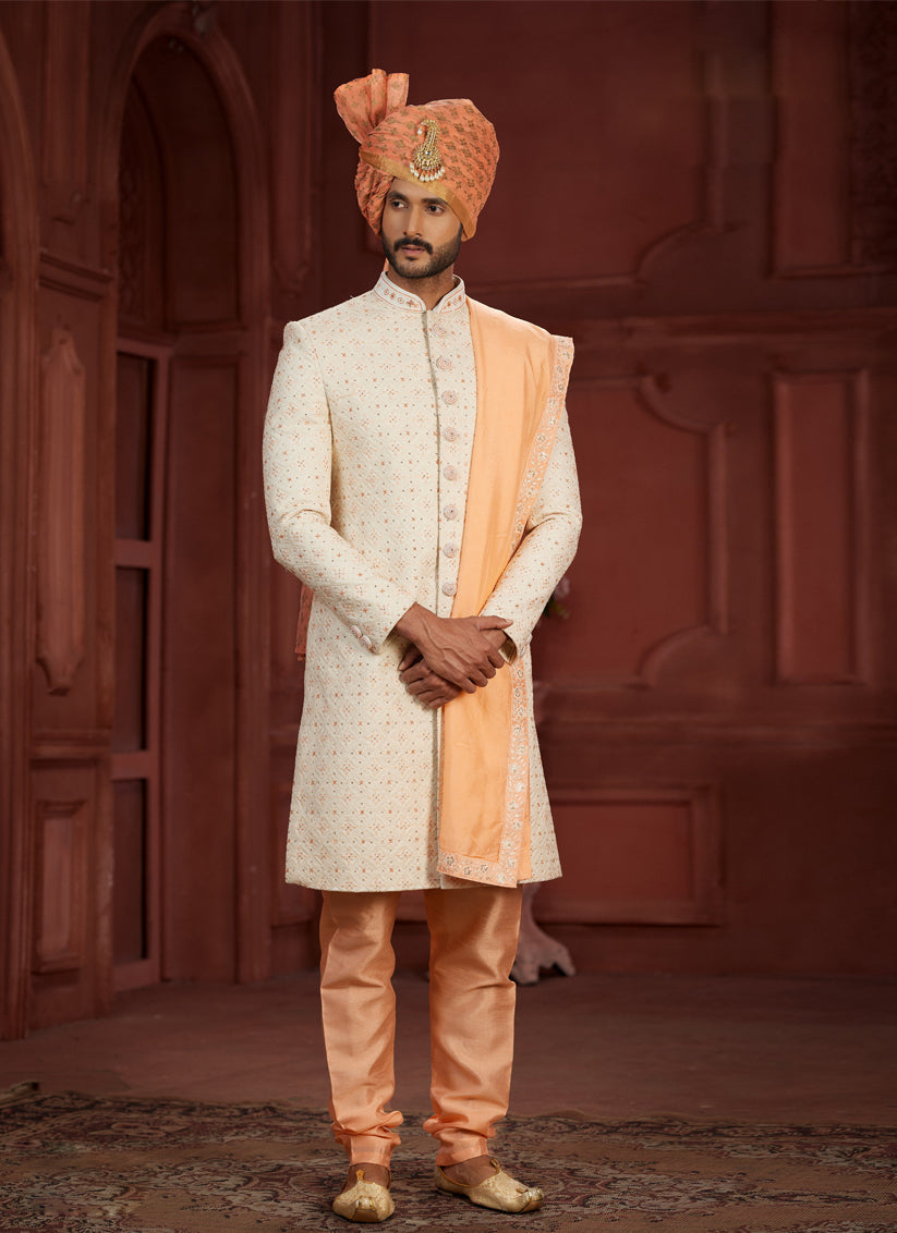 Cream Pure Silk Designer Wedding Sherwani