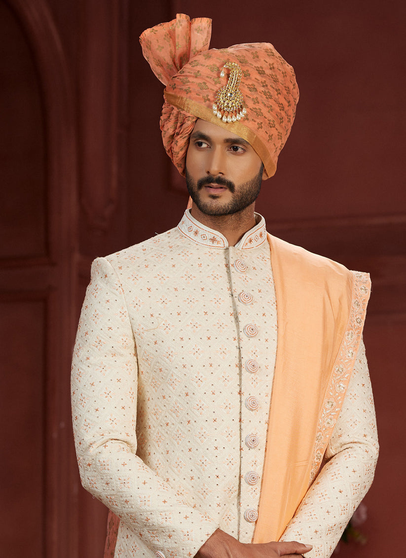 Cream Pure Silk Designer Wedding Sherwani