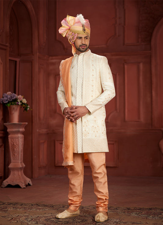 Cream Pure Silk Designer Wedding Sherwani