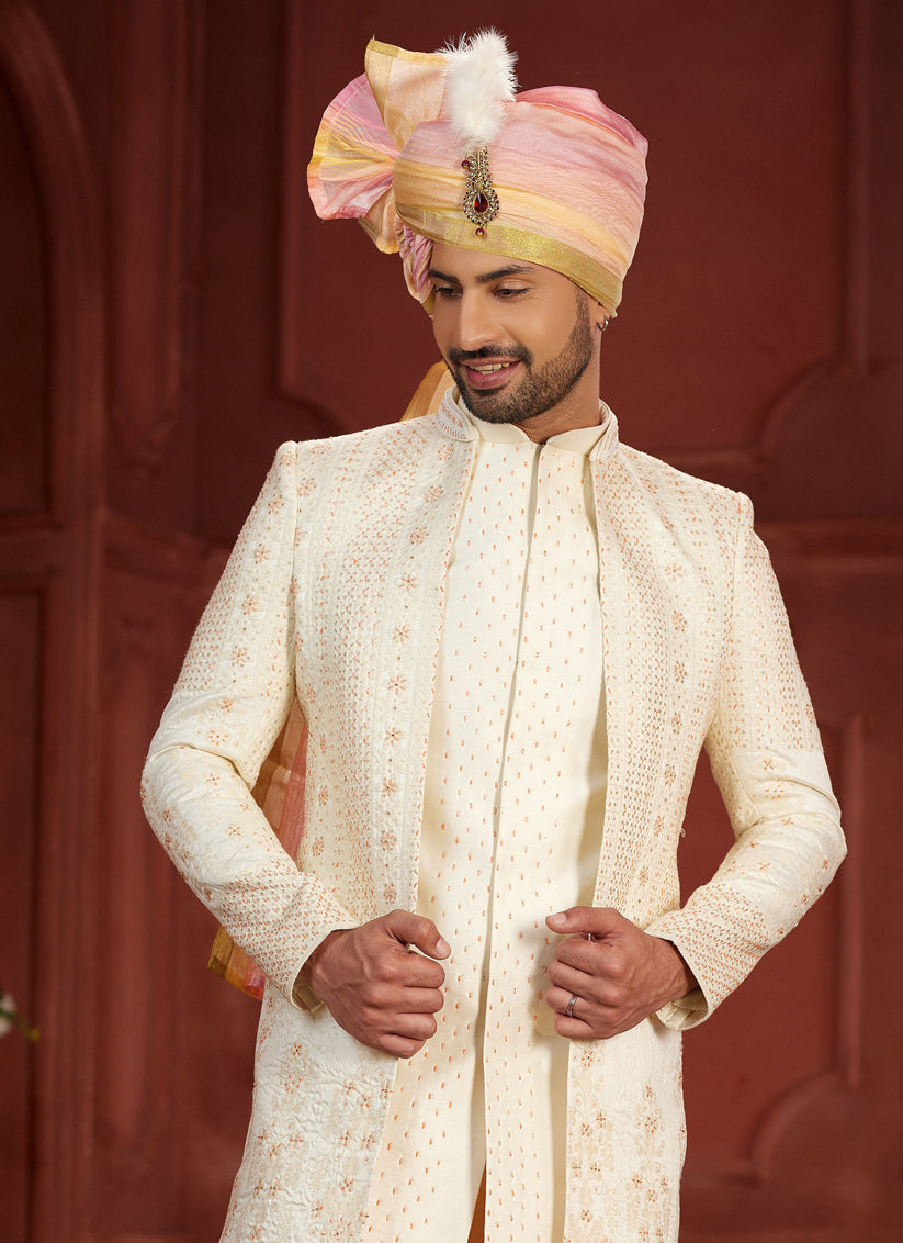 Cream Pure Silk Designer Wedding Sherwani