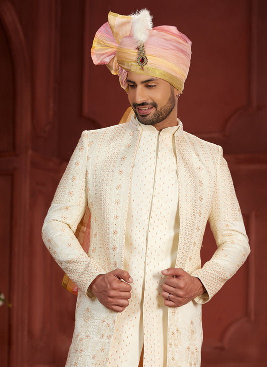 Cream Pure Silk Designer Wedding Sherwani