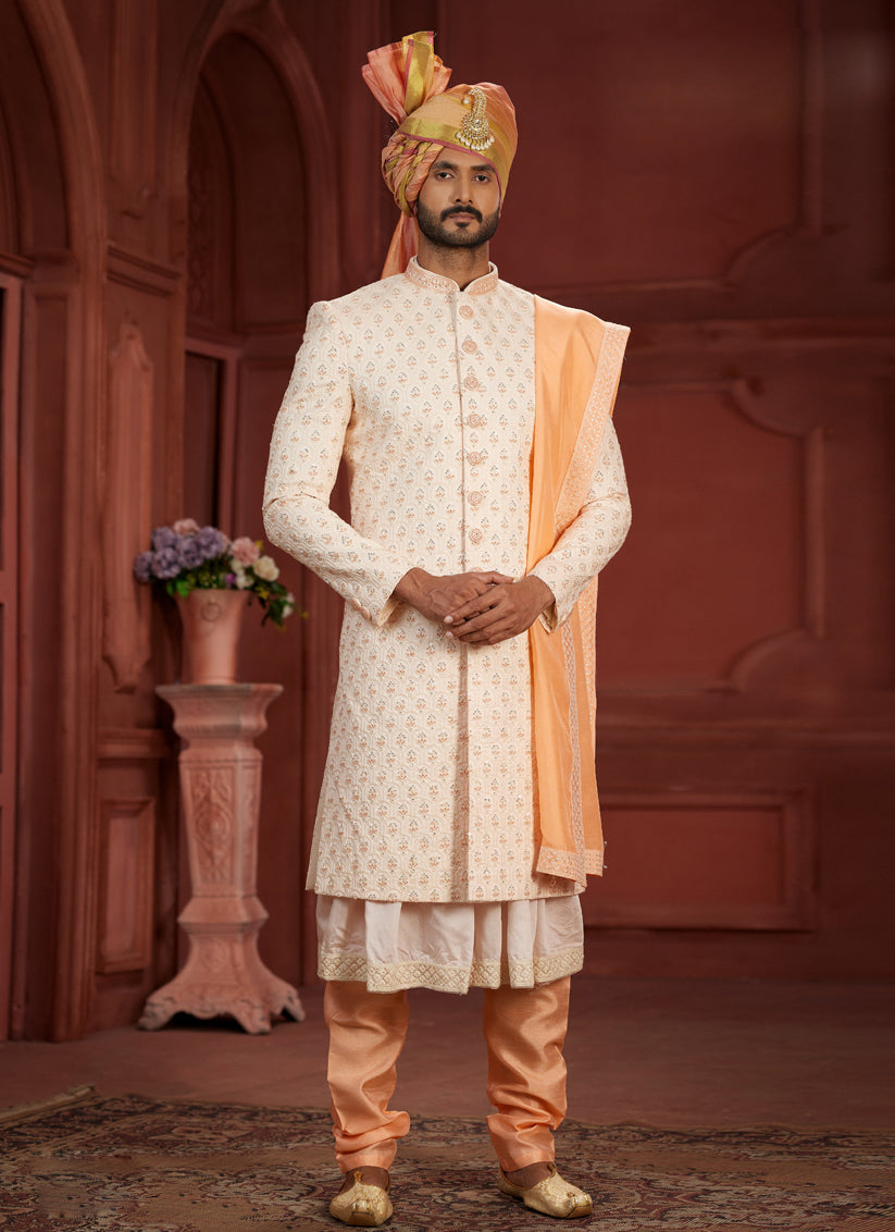 Cream Pure Silk Designer Wedding Sherwani