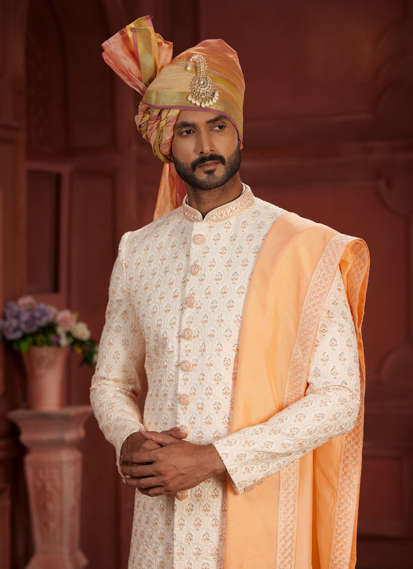 Cream Pure Silk Designer Wedding Sherwani