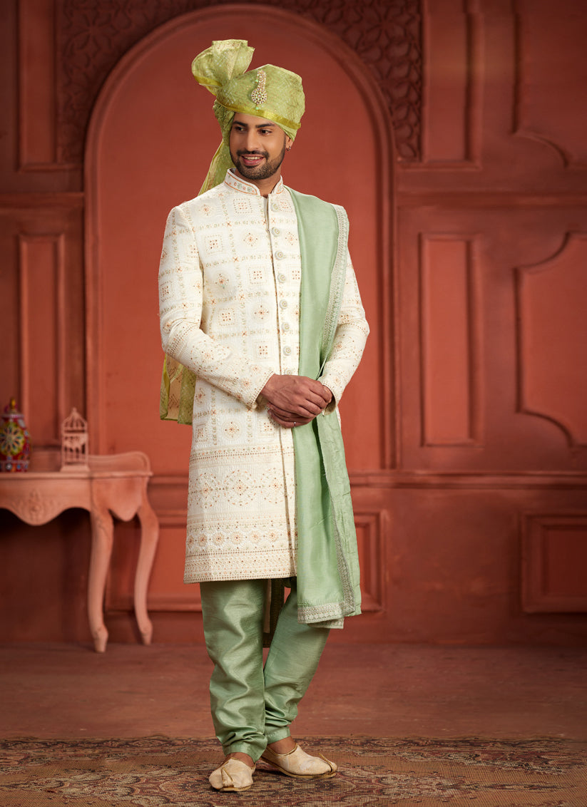 Cream Pure Silk Designer Wedding Sherwani