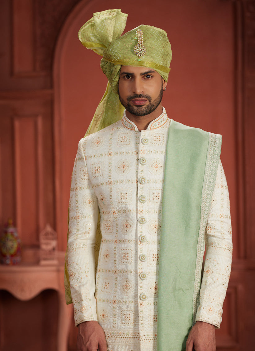 Cream Pure Silk Designer Wedding Sherwani