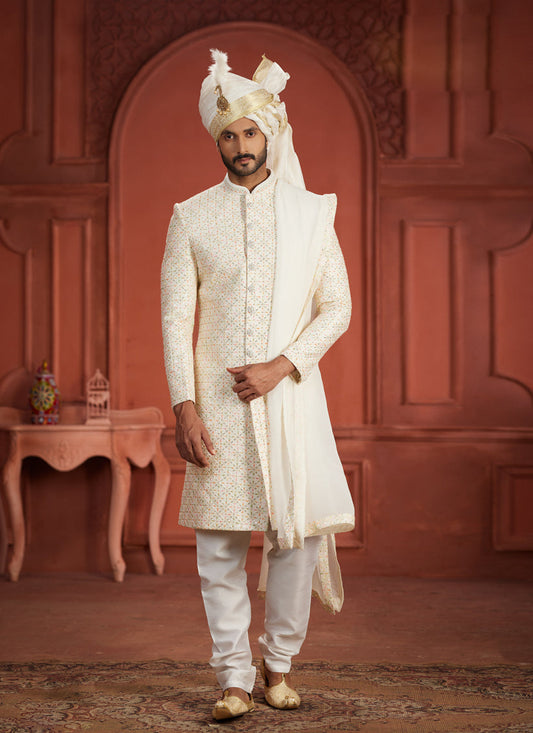 Off White Pure Silk Designer Wedding Sherwani