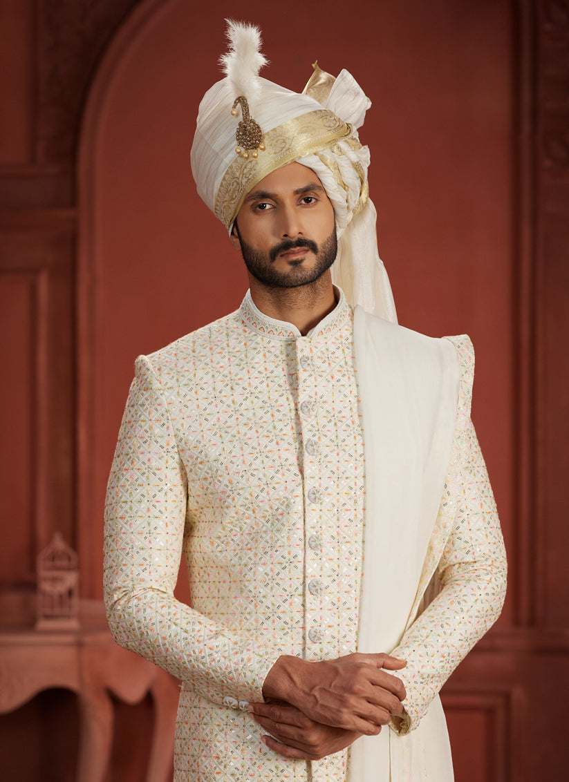 Off White Pure Silk Designer Wedding Sherwani