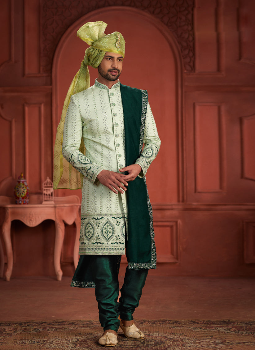 Pastel Green Pure Silk Designer Wedding Sherwani