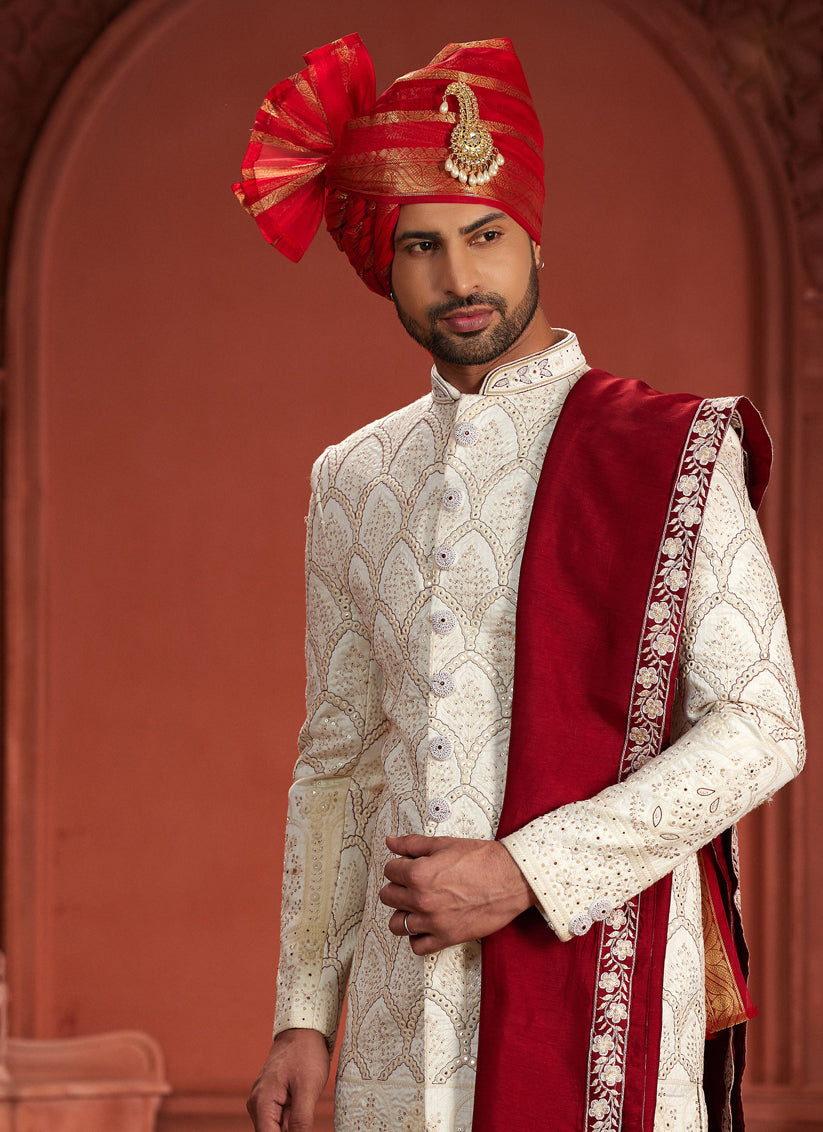 Off White Pure Silk Designer Wedding Sherwani