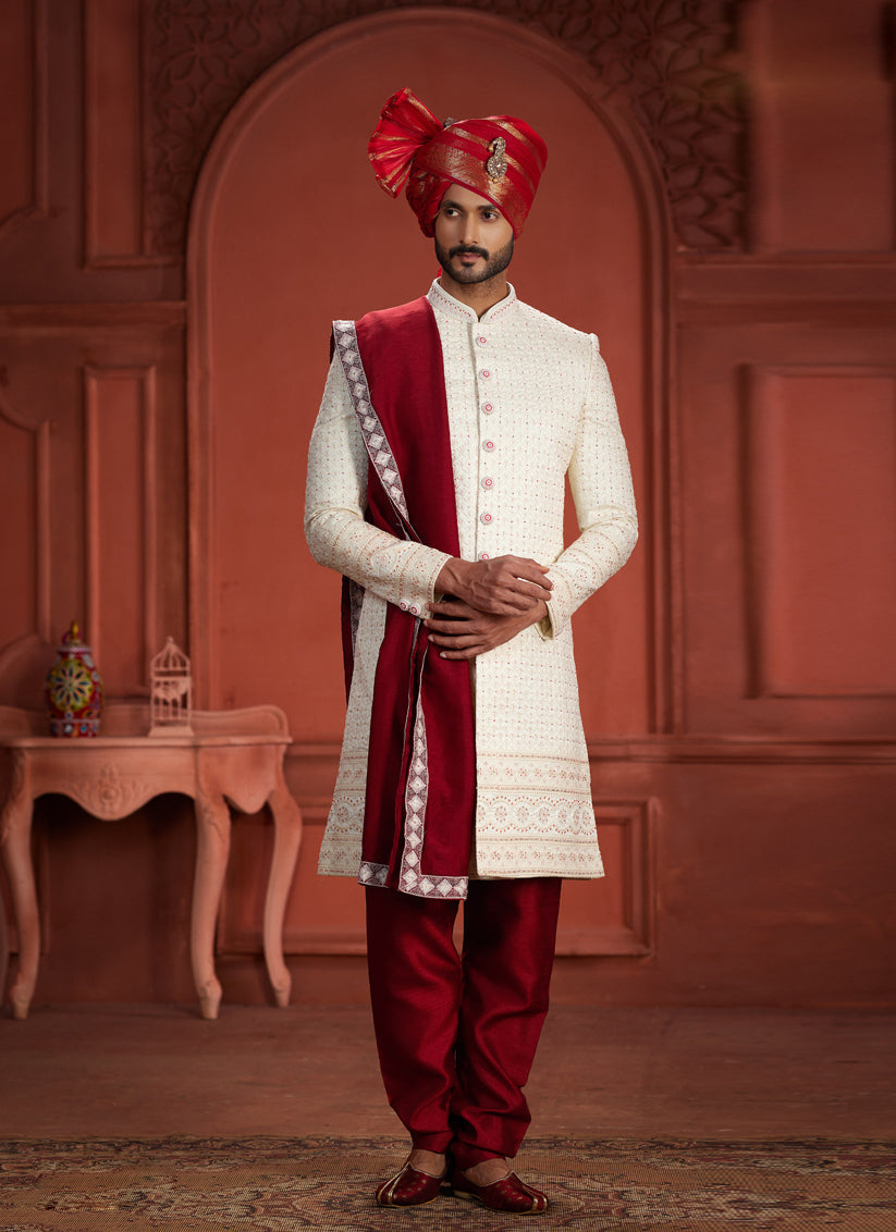 Off White Pure Silk Designer Wedding Sherwani