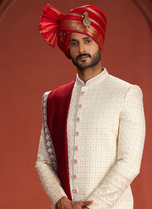 Off White Pure Silk Designer Wedding Sherwani