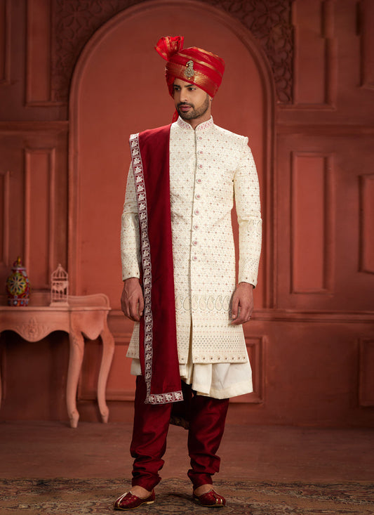 Cream Pure Silk Designer Wedding Sherwani