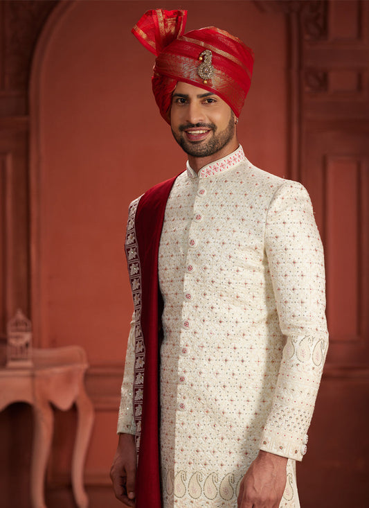 Cream Pure Silk Designer Wedding Sherwani