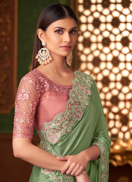 Sweet Pistachio Green Satin Embroidered Saree for Wedding
