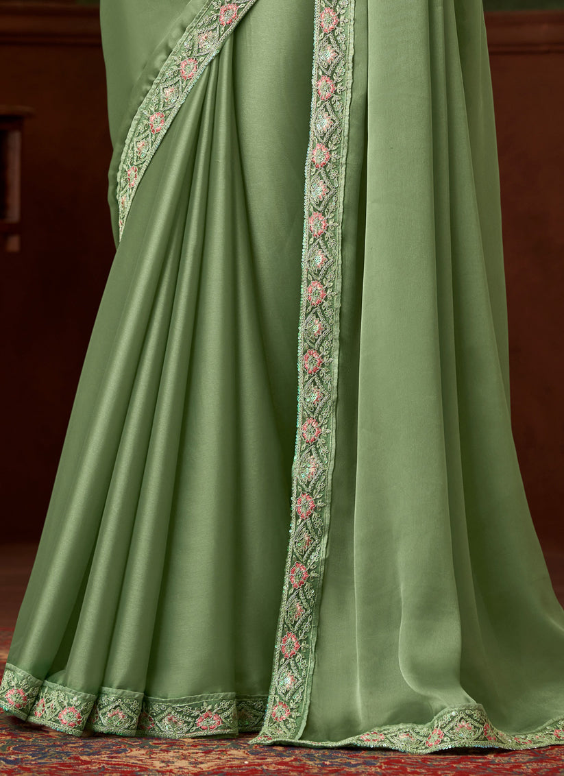 Sweet Pistachio Green Satin Embroidered Saree for Wedding