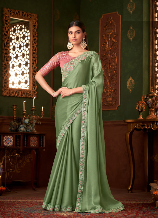 Sweet Pistachio Green Satin Embroidered Saree for Wedding