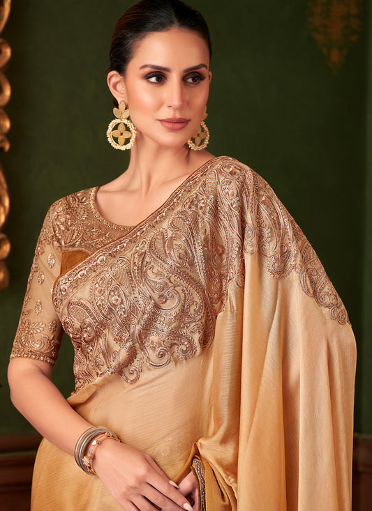 Adorable Ombre Mustard Satin Chiffon Embroidered Saree for Wedding