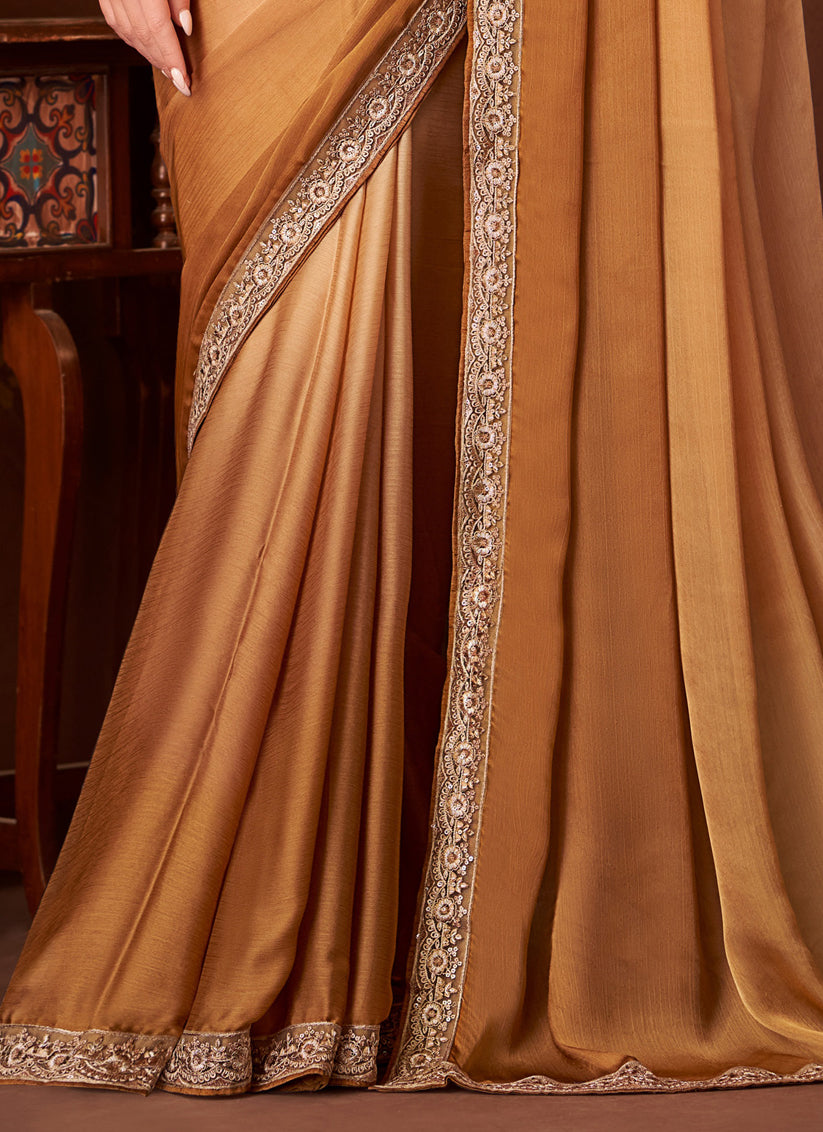 Adorable Ombre Mustard Satin Chiffon Embroidered Saree for Wedding