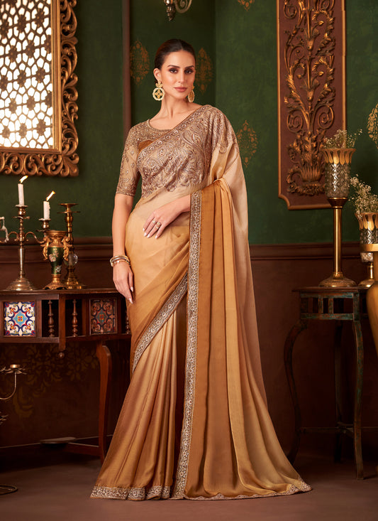 Adorable Ombre Mustard Satin Chiffon Embroidered Saree for Wedding