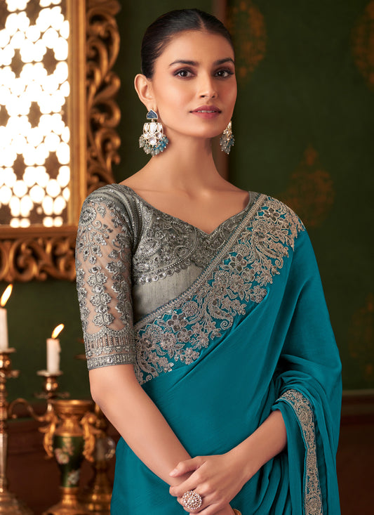 Alluring Peacock Blue Silk Chiffon Embroidered Saree for Wedding