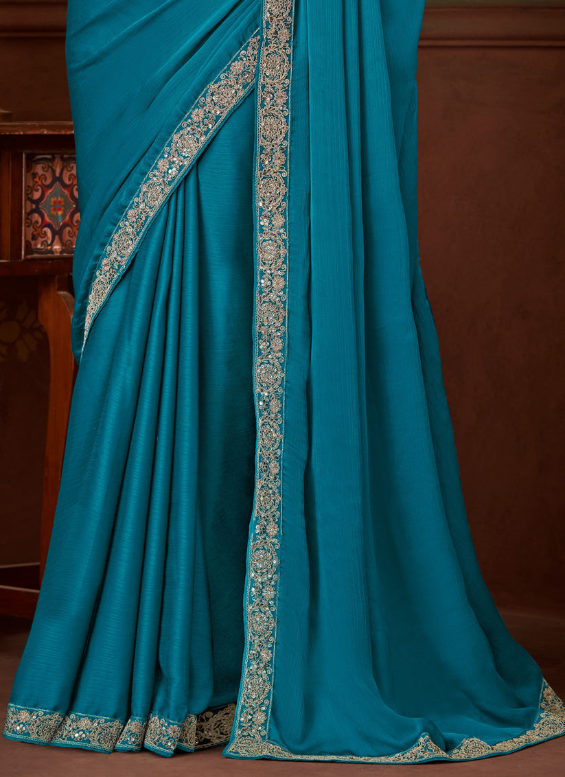 Alluring Peacock Blue Silk Chiffon Embroidered Saree for Wedding