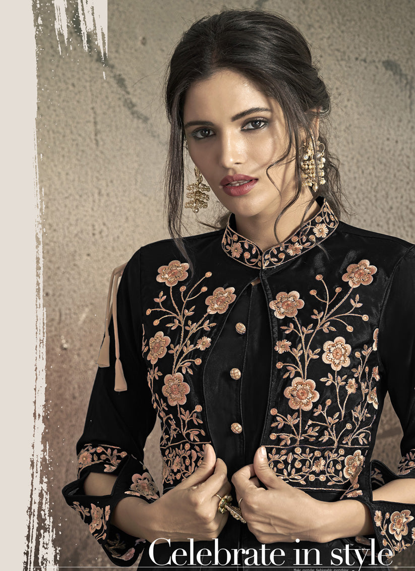 Black Taffeta Silk Embroidered Party Wear Gown