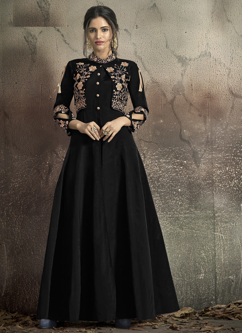 Black Taffeta Silk Embroidered Party Wear Gown