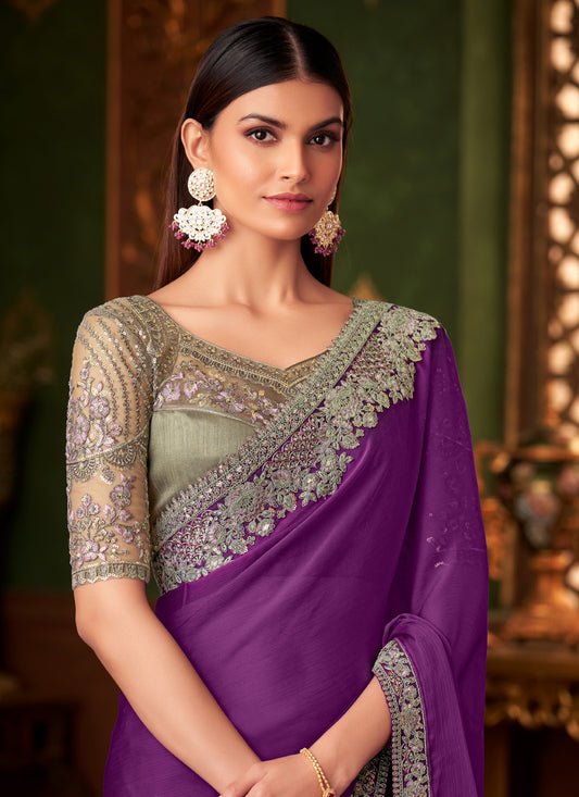 Mesmerizing Purple Silk Chiffon Embroidered Saree for Wedding