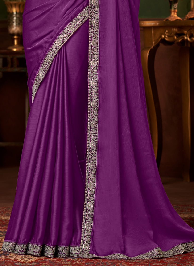 Mesmerizing Purple Silk Chiffon Embroidered Saree for Wedding