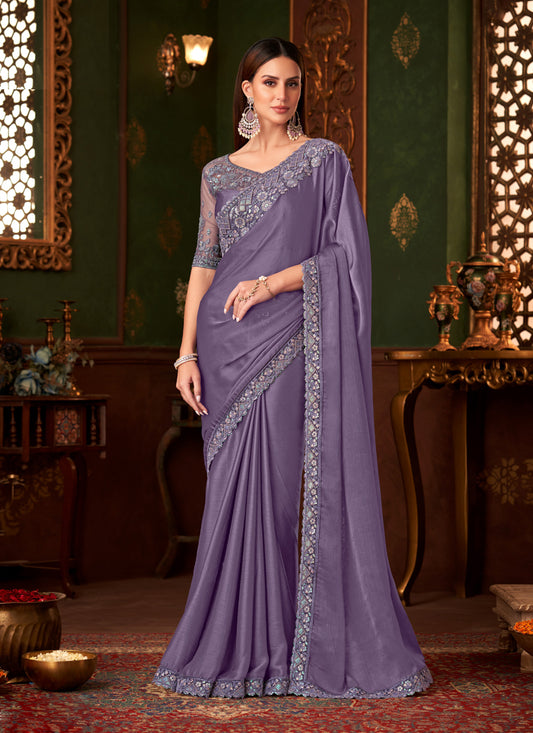 Fascinating Mauve Silk Chiffon Embroidered Saree for Wedding