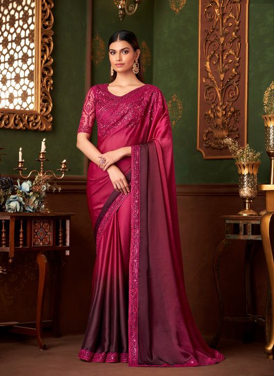 Elegant Ombre Wine Satin Chiffon Embroidered Saree for Wedding
