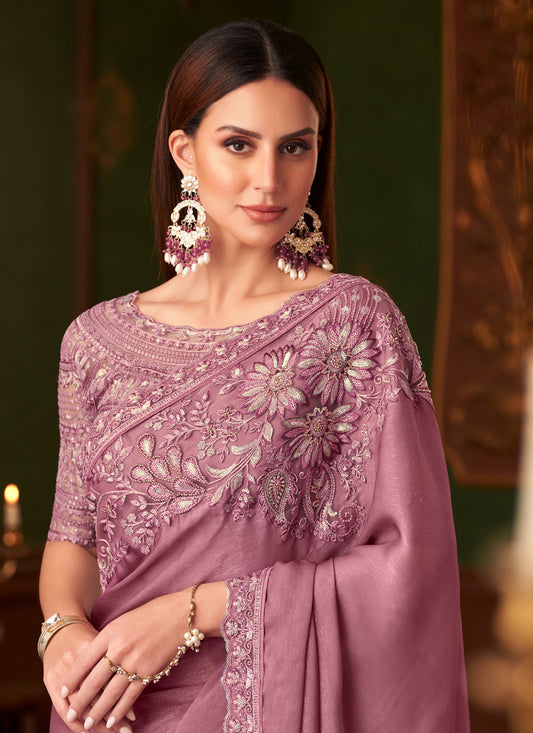 Ravishing Old Rose Silk Georgette Embroidered Saree for Wedding