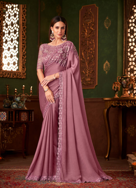 Ravishing Old Rose Silk Georgette Embroidered Saree for Wedding