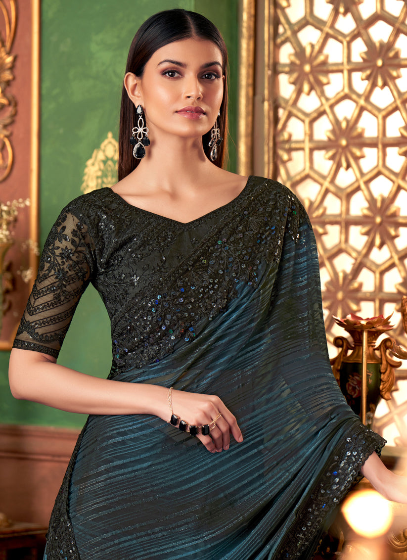 Bewitching Peacock Blue Silk Embroidered Saree for Wedding