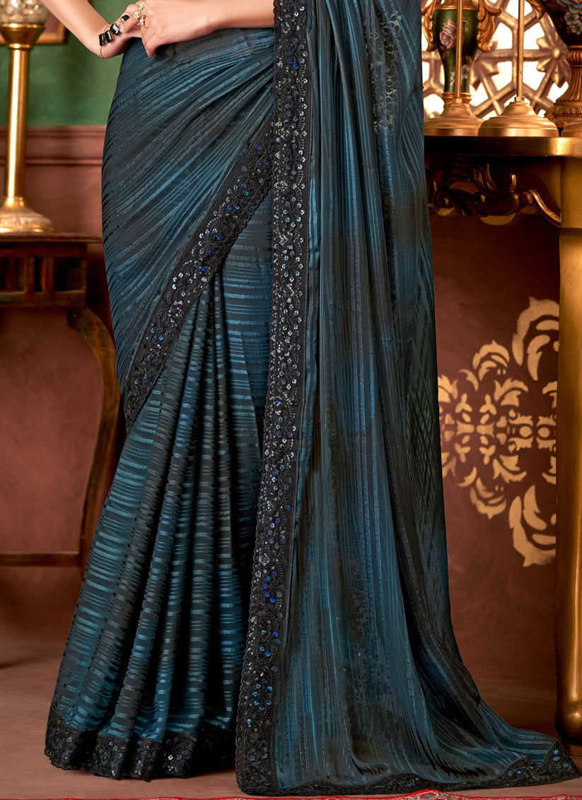 Bewitching Peacock Blue Silk Embroidered Saree for Wedding