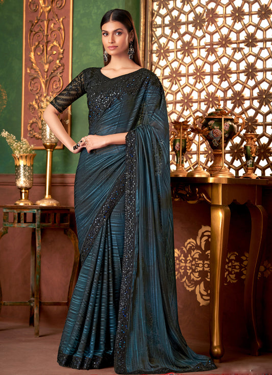 Bewitching Peacock Blue Silk Embroidered Saree for Wedding