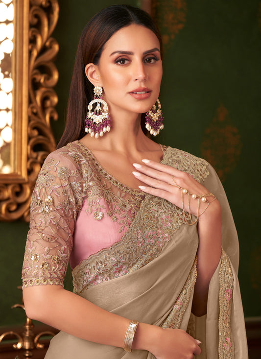 Pretty Beige Silk Georgette Embroidered Saree for Wedding