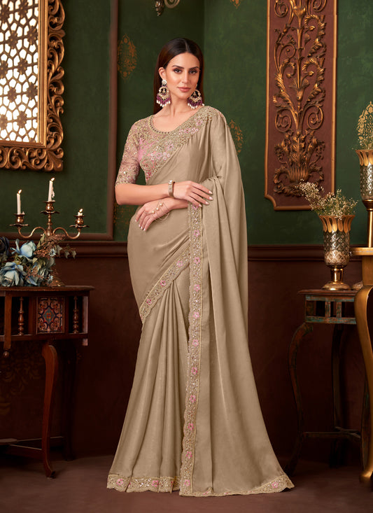 Pretty Beige Silk Georgette Embroidered Saree for Wedding