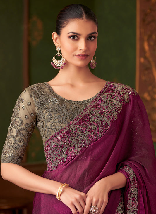 Magnetic Wine Silk Chiffon Embroidered Saree for Wedding