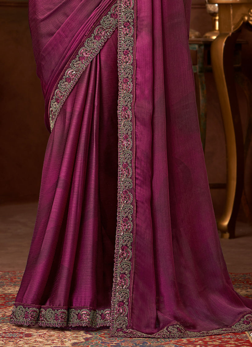 Magnetic Wine Silk Chiffon Embroidered Saree for Wedding
