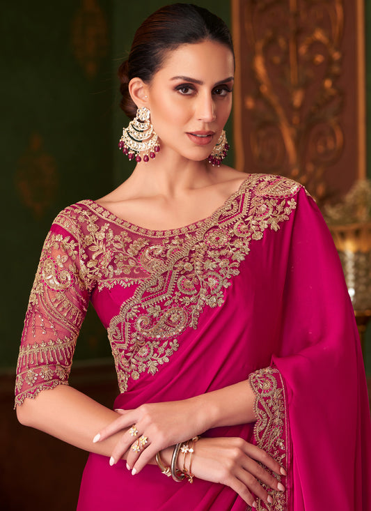 Glamorous Raspberry Pink Satin Silk Embroidered Saree for Wedding