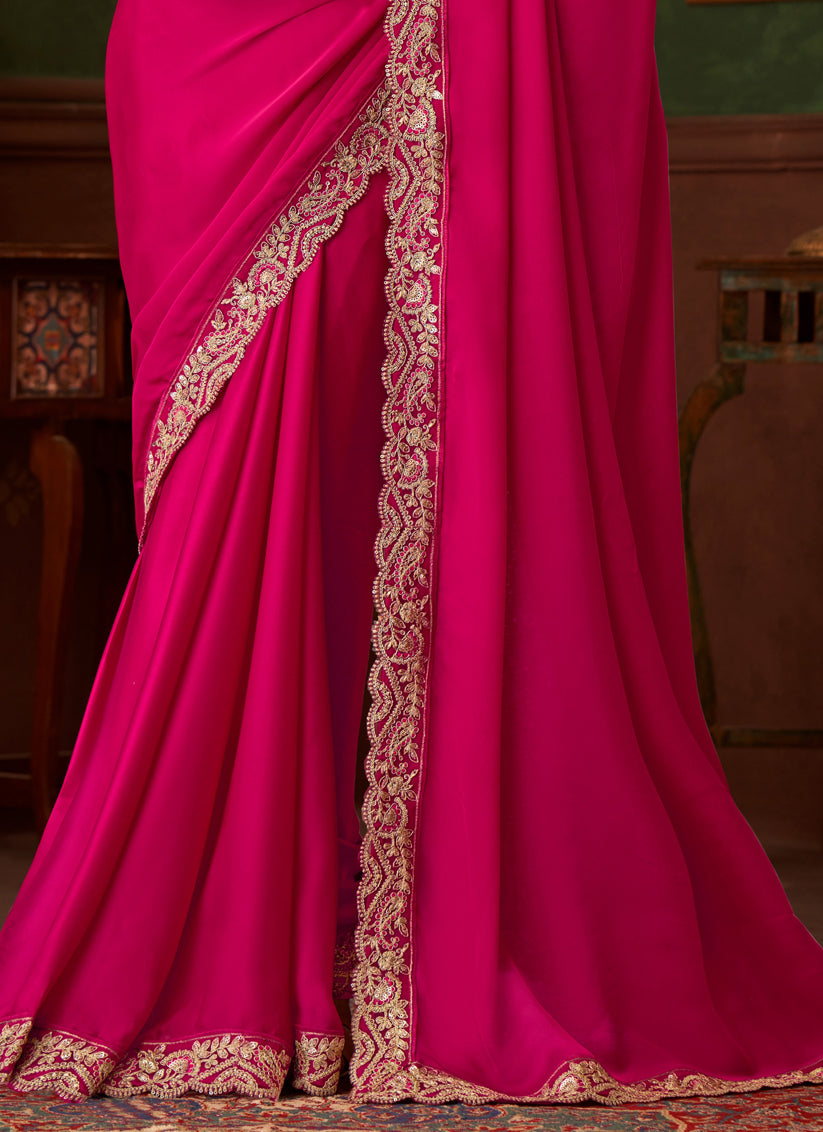 Glamorous Raspberry Pink Satin Silk Embroidered Saree for Wedding